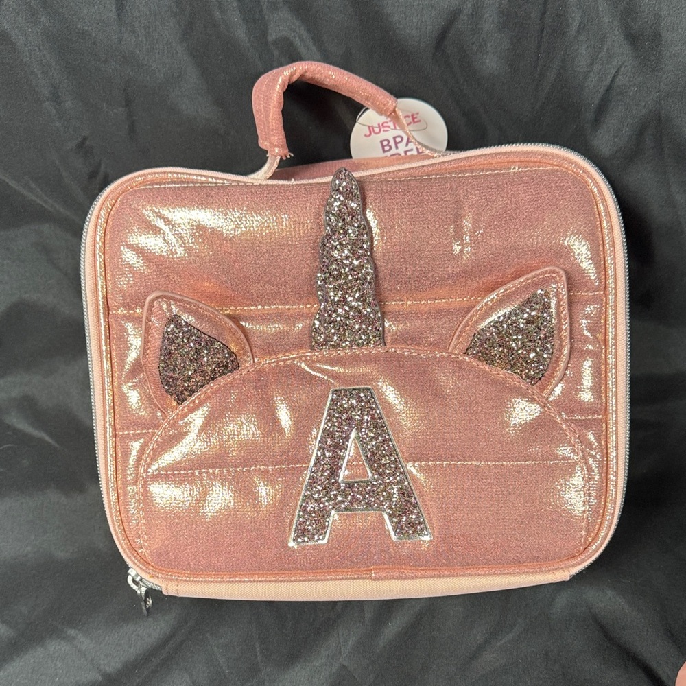 Justice Pink Sparkle Unicorn Backpack Set, Initial A - Picture 6 of 13